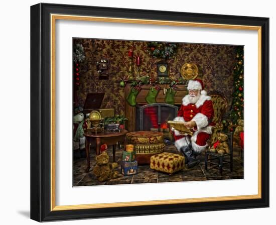 Checking His List by the Fire-Santa’s Workshop-Framed Giclee Print