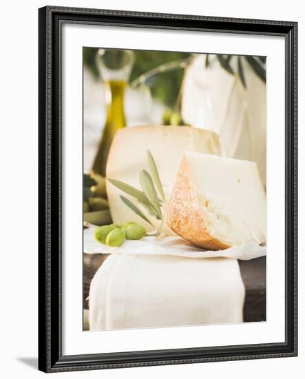 Cheese, Green Olives and Olive Oil on Table Out of Doors-null-Framed Photographic Print