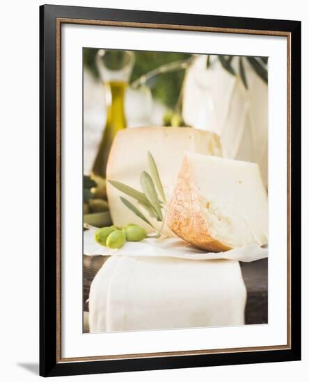 Cheese, Green Olives and Olive Oil on Table Out of Doors-null-Framed Photographic Print