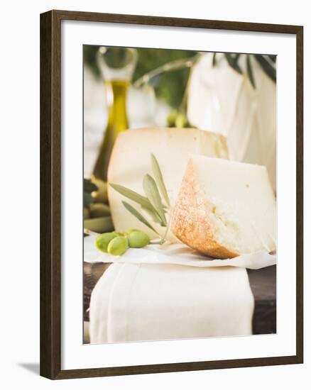 Cheese, Green Olives and Olive Oil on Table Out of Doors-null-Framed Photographic Print