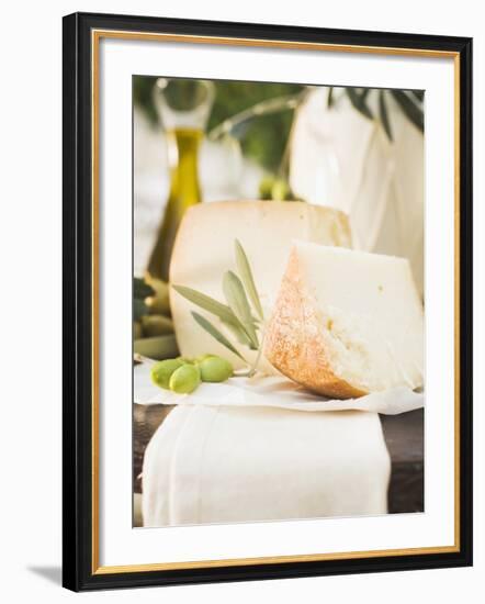 Cheese, Green Olives and Olive Oil on Table Out of Doors-null-Framed Photographic Print