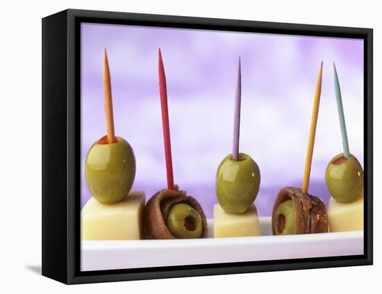 Cheese, Olives and Anchovies on Cocktail Sticks-null-Framed Premier Image Canvas