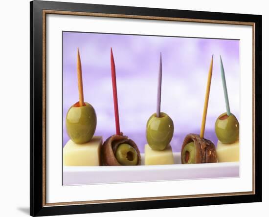 Cheese, Olives and Anchovies on Cocktail Sticks-null-Framed Photographic Print