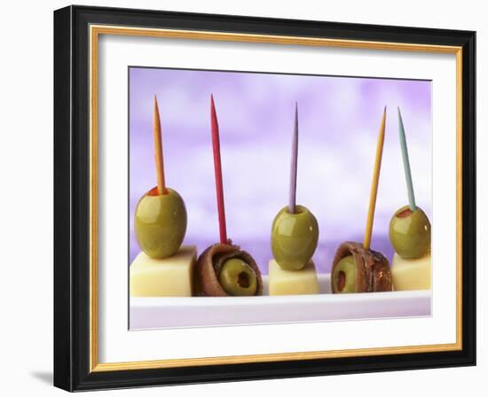 Cheese, Olives and Anchovies on Cocktail Sticks-null-Framed Photographic Print