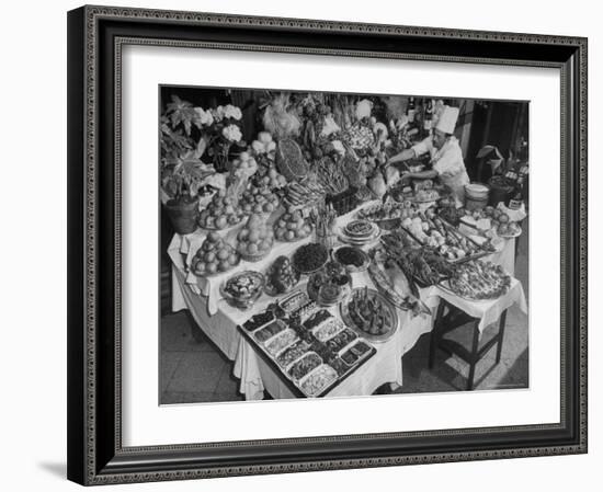 Chef Domenico Giving Final Touch to Magnificent Display of Food on Table at Passeto Restaurant-Alfred Eisenstaedt-Framed Photographic Print