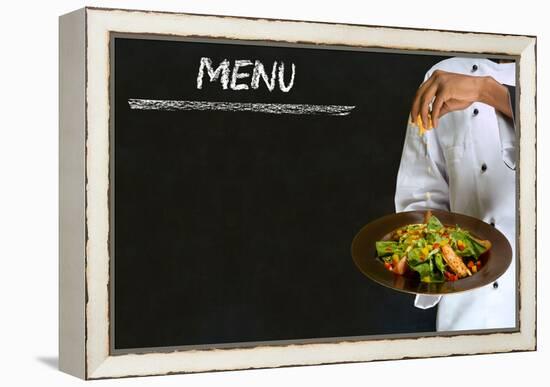 Chef with Healthy Salad Food on Chalk Blackboard Menu Background-alistaircotton-Framed Stretched Canvas