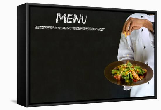 Chef with Healthy Salad Food on Chalk Blackboard Menu Background-alistaircotton-Framed Stretched Canvas