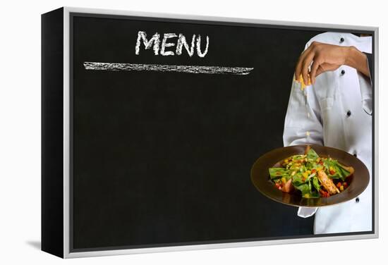 Chef with Healthy Salad Food on Chalk Blackboard Menu Background-alistaircotton-Framed Stretched Canvas