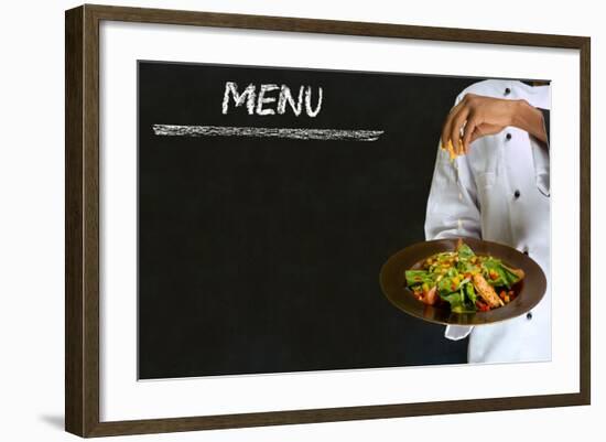 Chef with Healthy Salad Food on Chalk Blackboard Menu Background-alistaircotton-Framed Premium Giclee Print