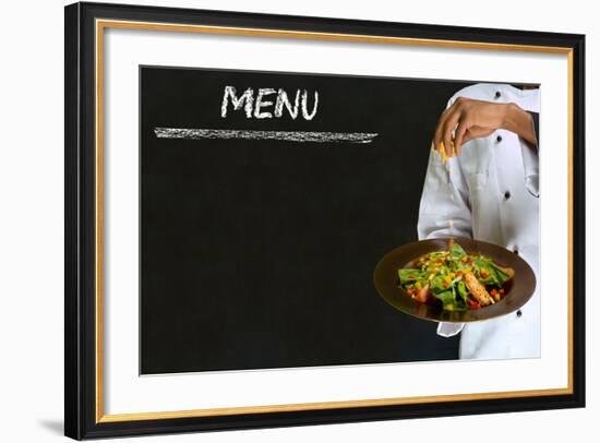 Chef with Healthy Salad Food on Chalk Blackboard Menu Background-alistaircotton-Framed Premium Giclee Print