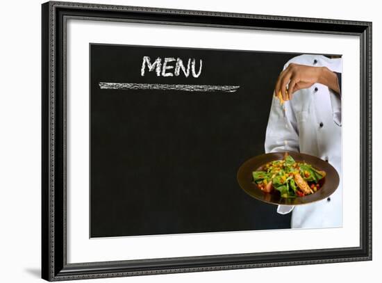 Chef with Healthy Salad Food on Chalk Blackboard Menu Background-alistaircotton-Framed Art Print