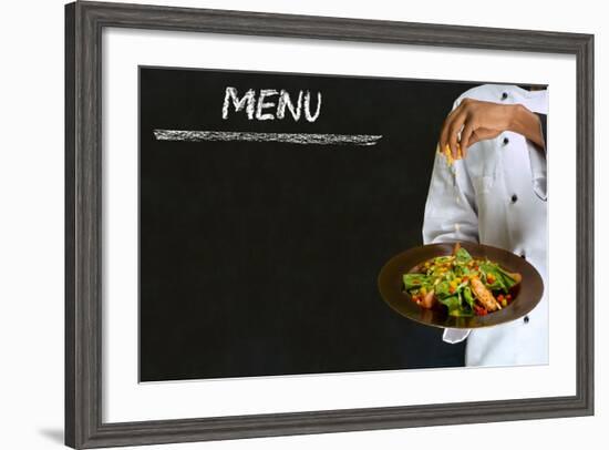 Chef with Healthy Salad Food on Chalk Blackboard Menu Background-alistaircotton-Framed Art Print