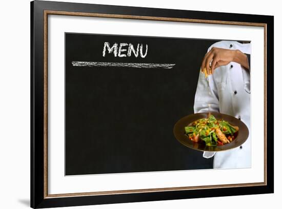 Chef with Healthy Salad Food on Chalk Blackboard Menu Background-alistaircotton-Framed Art Print