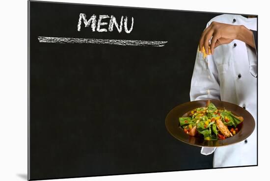 Chef with Healthy Salad Food on Chalk Blackboard Menu Background-alistaircotton-Mounted Art Print