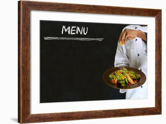 Chef with Healthy Salad Food on Chalk Blackboard Menu Background-alistaircotton-Framed Art Print