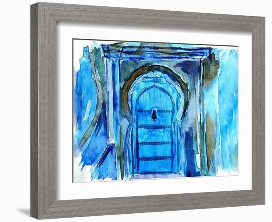 Chefchaouen Morocco Blue Door Watercolor-Markus Bleichner-Framed Art Print