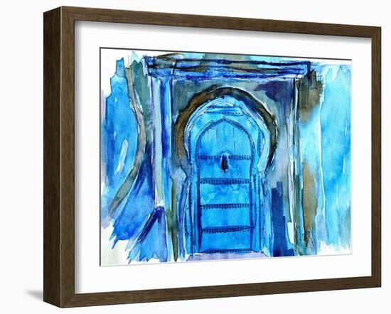 Chefchaouen Morocco Blue Door Watercolor-Markus Bleichner-Framed Art Print