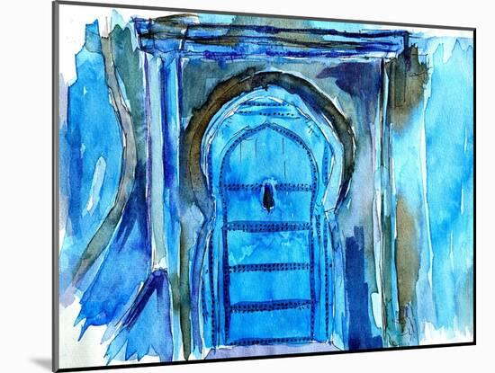 Chefchaouen Morocco Blue Door Watercolor-Markus Bleichner-Mounted Art Print
