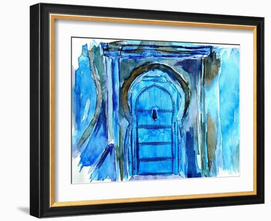 Chefchaouen Morocco Blue Door Watercolor-Markus Bleichner-Framed Art Print