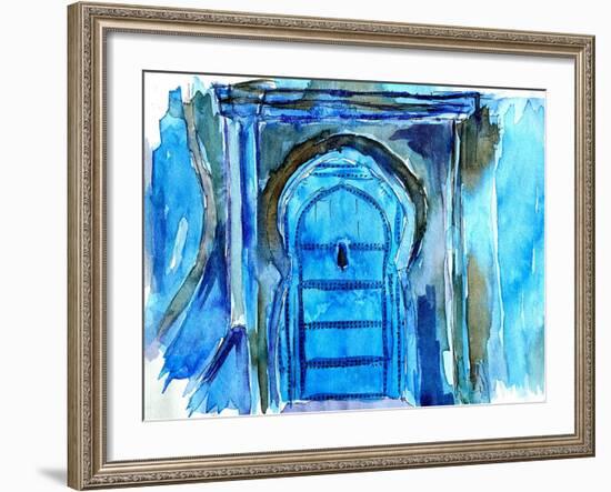 Chefchaouen Morocco Blue Door Watercolor-Markus Bleichner-Framed Art Print