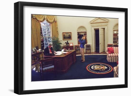 Chelsea Clinton Playing with Socks the Cat in the Oval Office-null-Framed Premium Photographic Print