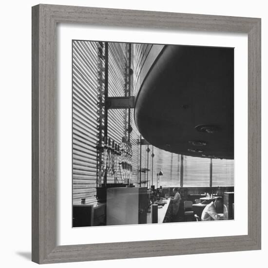 Chemists Working at Titration Table inside Johnson Wax Co.'s Research Tower by Frank Lloyd Wright-Eliot Elisofon-Framed Photographic Print