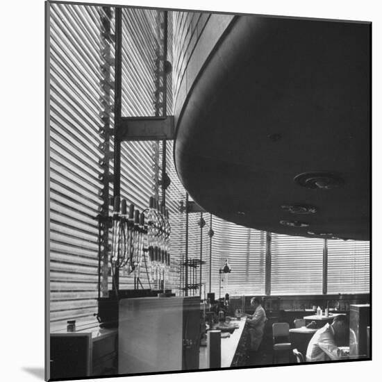 Chemists Working at Titration Table inside Johnson Wax Co.'s Research Tower by Frank Lloyd Wright-Eliot Elisofon-Mounted Photographic Print