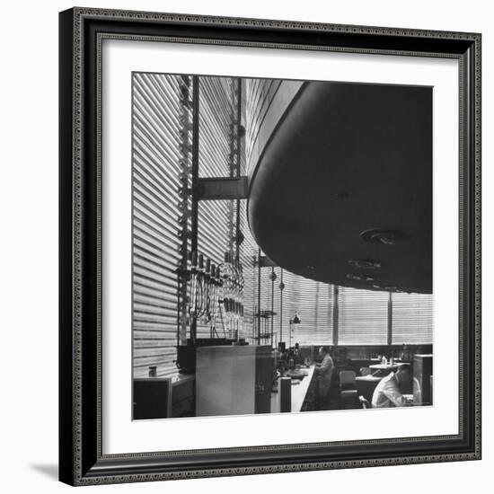 Chemists Working at Titration Table inside Johnson Wax Co.'s Research Tower by Frank Lloyd Wright-Eliot Elisofon-Framed Photographic Print