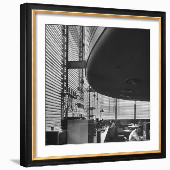 Chemists Working at Titration Table inside Johnson Wax Co.'s Research Tower by Frank Lloyd Wright-Eliot Elisofon-Framed Photographic Print