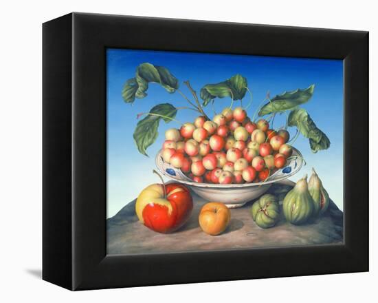 Cherries in Delft Bowl with Red and Yellow Apple-Amelia Kleiser-Framed Premier Image Canvas