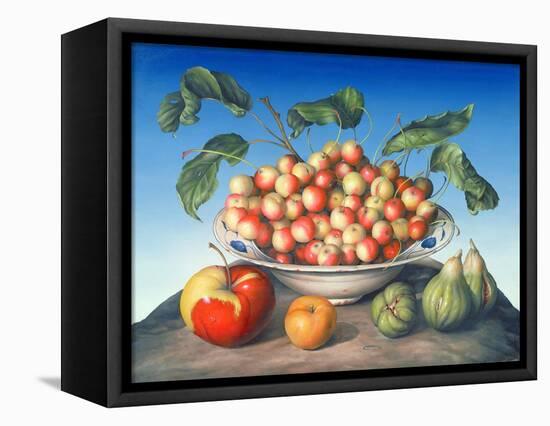 Cherries in Delft Bowl with Red and Yellow Apple-Amelia Kleiser-Framed Premier Image Canvas