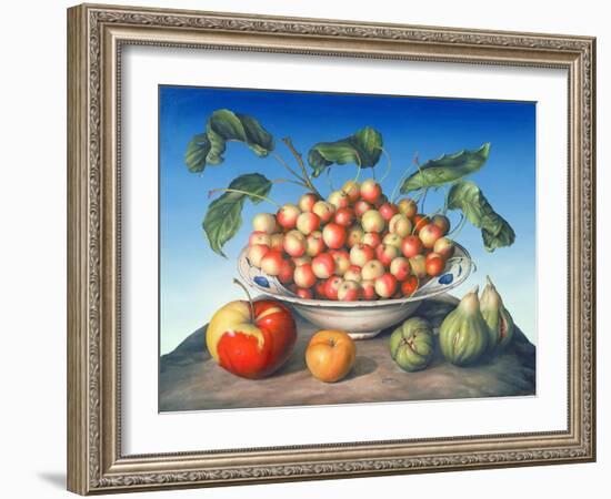 Cherries in Delft Bowl with Red and Yellow Apple-Amelia Kleiser-Framed Giclee Print