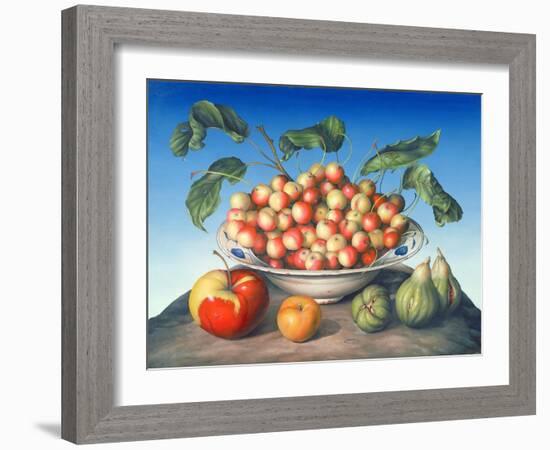 Cherries in Delft Bowl with Red and Yellow Apple-Amelia Kleiser-Framed Giclee Print