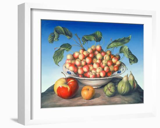 Cherries in Delft Bowl with Red and Yellow Apple-Amelia Kleiser-Framed Giclee Print