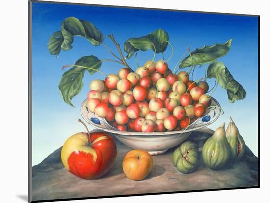 Cherries in Delft Bowl with Red and Yellow Apple-Amelia Kleiser-Mounted Giclee Print