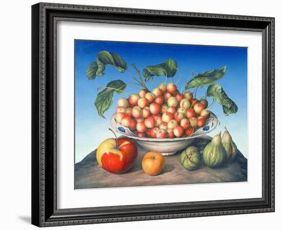 Cherries in Delft Bowl with Red and Yellow Apple-Amelia Kleiser-Framed Giclee Print