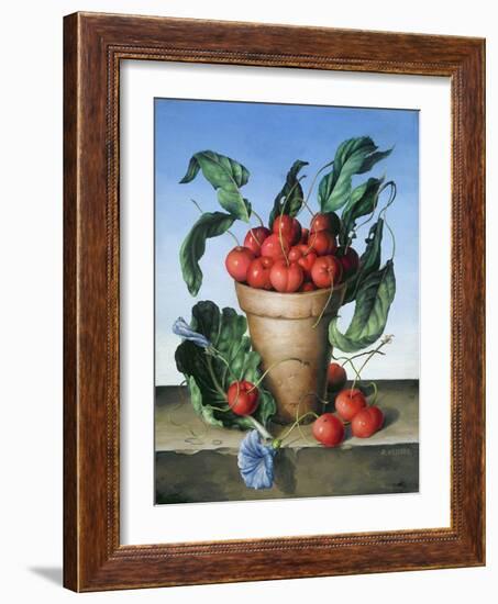 Cherries in Terracotta with Blue Flower-Amelia Kleiser-Framed Giclee Print