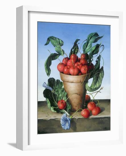 Cherries in Terracotta with Blue Flower-Amelia Kleiser-Framed Giclee Print