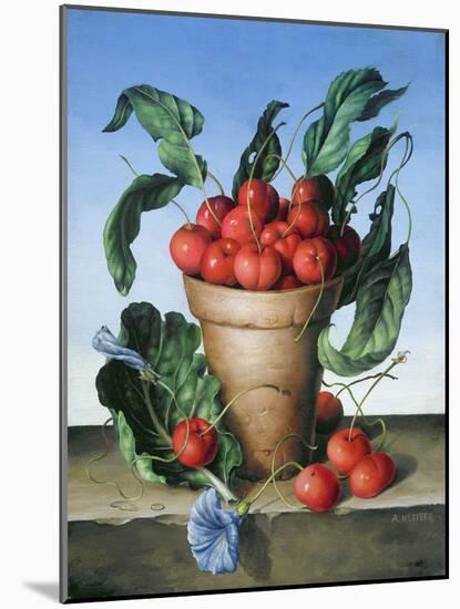 Cherries in Terracotta with Blue Flower-Amelia Kleiser-Mounted Giclee Print