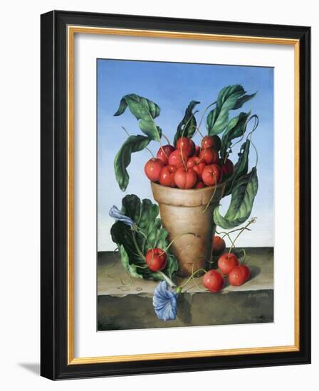 Cherries in Terracotta with Blue Flower-Amelia Kleiser-Framed Giclee Print