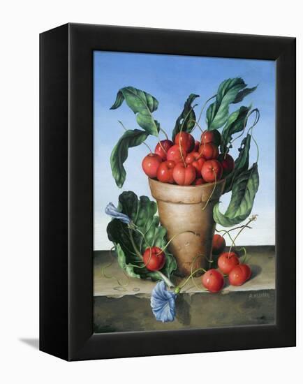 Cherries in Terracotta with Blue Flower-Amelia Kleiser-Framed Premier Image Canvas