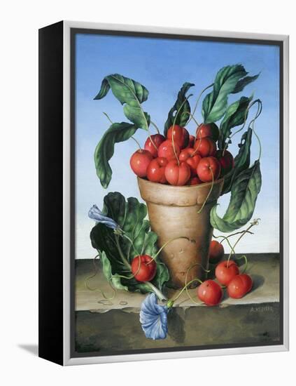 Cherries in Terracotta with Blue Flower-Amelia Kleiser-Framed Premier Image Canvas