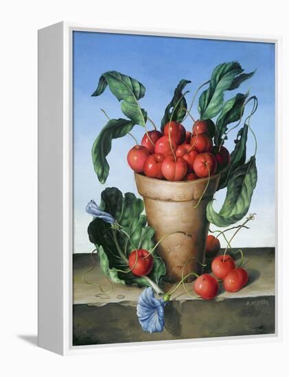 Cherries in Terracotta with Blue Flower-Amelia Kleiser-Framed Premier Image Canvas