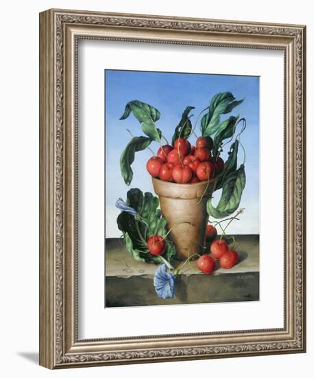 Cherries in Terracotta with Blue Flower-Amelia Kleiser-Framed Giclee Print