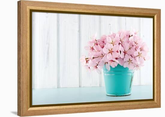 Cherry Blossom Flower Bouquet on Wooden Background-Anna-Mari West-Framed Premier Image Canvas