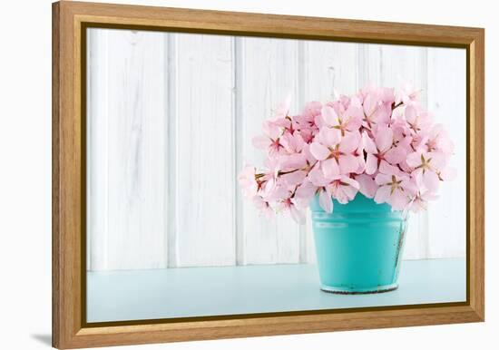 Cherry Blossom Flower Bouquet on Wooden Background-Anna-Mari West-Framed Premier Image Canvas