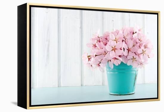 Cherry Blossom Flower Bouquet on Wooden Background-Anna-Mari West-Framed Premier Image Canvas