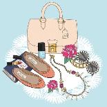 Fashion Essentials. Background with Bag, Sunglasses, Shoes, Jewelery, Makeup and Flowers.-cherry blossom girl-Art Print