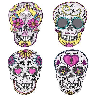 Mexican Skull Set. Colorful Skulls With Flower And Heart