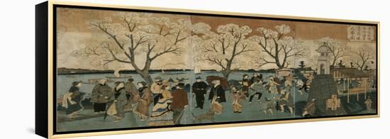 Cherry Blossoms in Full Bloom Along Sumida River (Bokusui Tsutsumi Hanazakari No Z)-Utagawa Hiroshige-Framed Premier Image Canvas